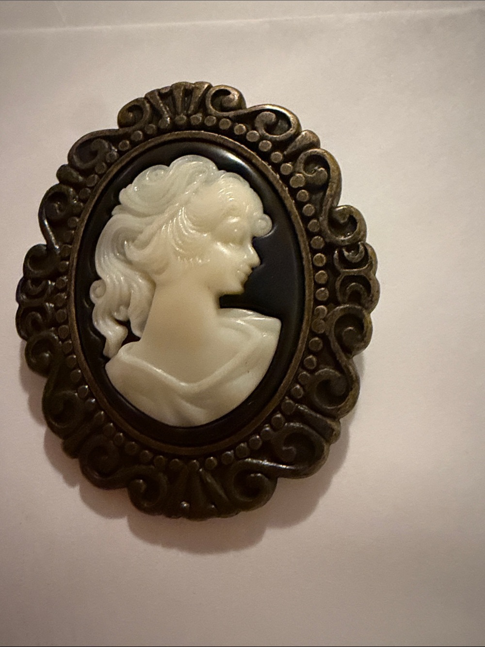 Vintage Cameo Brooch - Ivory on Black with Ornate Bronze Frame